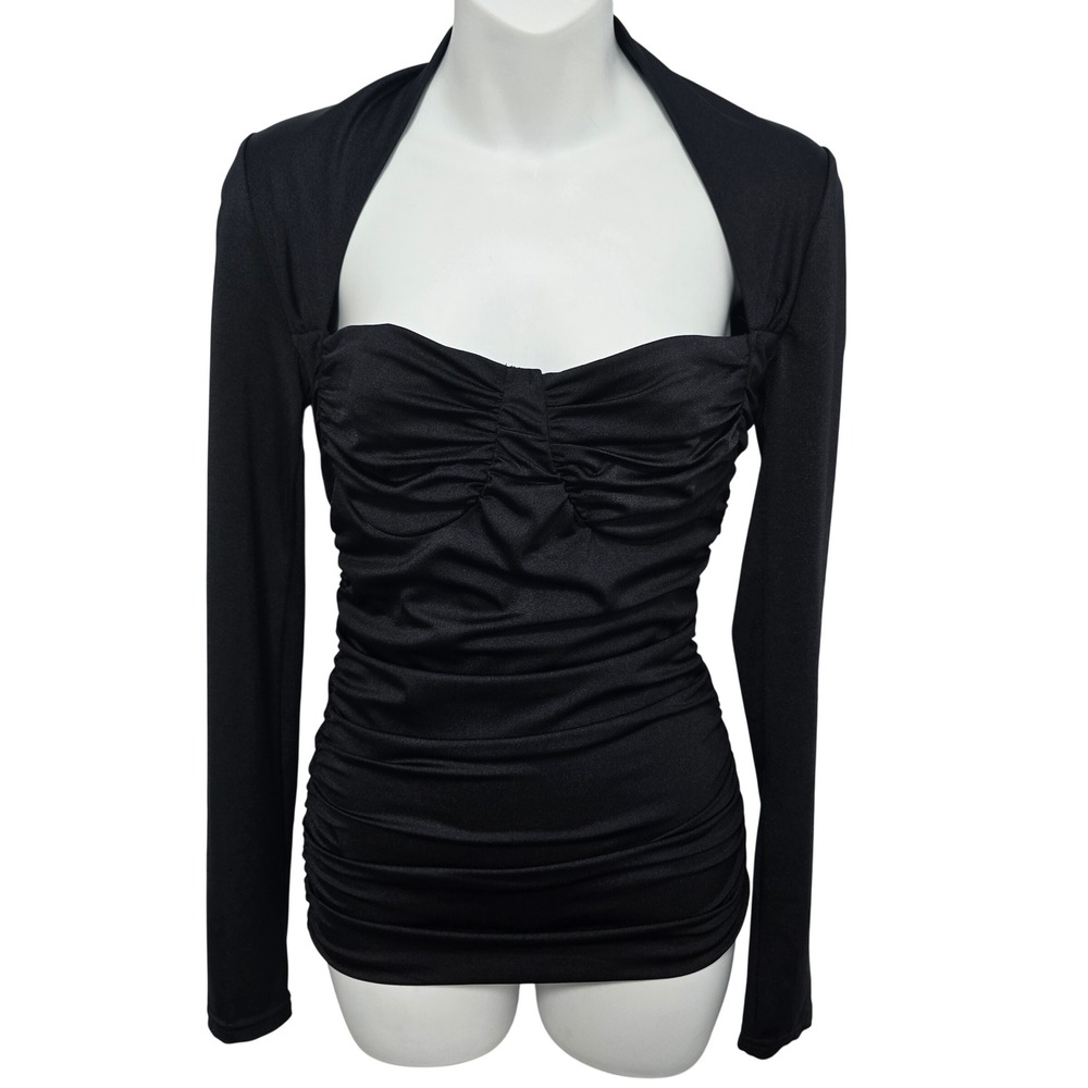 Forever 21 Womens Black Ruched Scoopneck Sweetheart Shrug Top Medium‎ Sexy Date